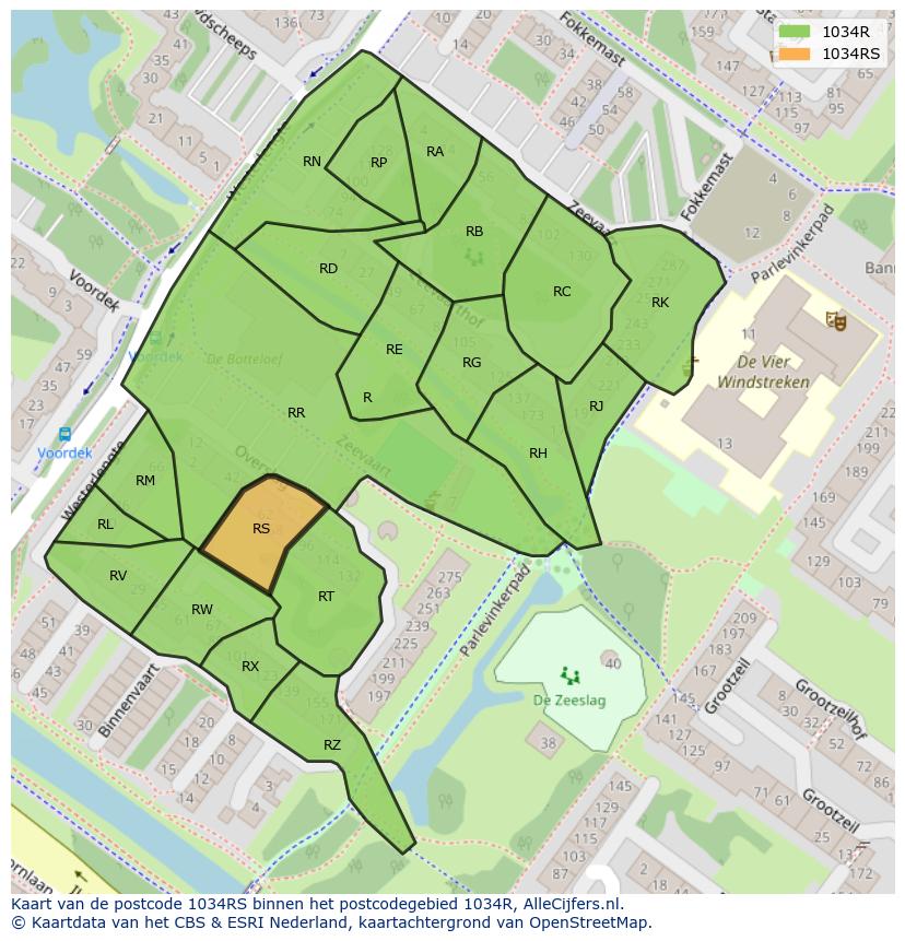 Afbeelding van het postcodegebied 1034 RS op de kaart.