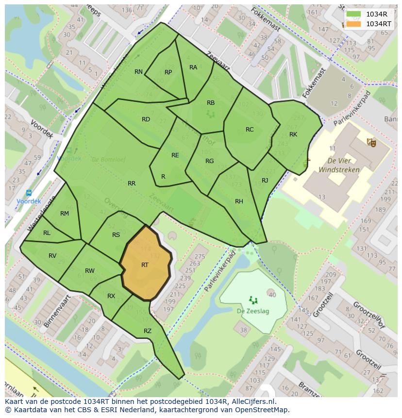 Afbeelding van het postcodegebied 1034 RT op de kaart.
