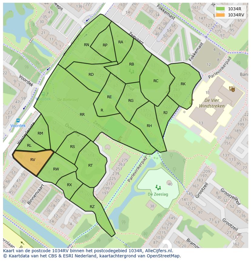 Afbeelding van het postcodegebied 1034 RV op de kaart.
