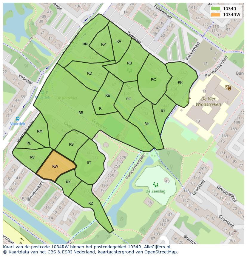 Afbeelding van het postcodegebied 1034 RW op de kaart.