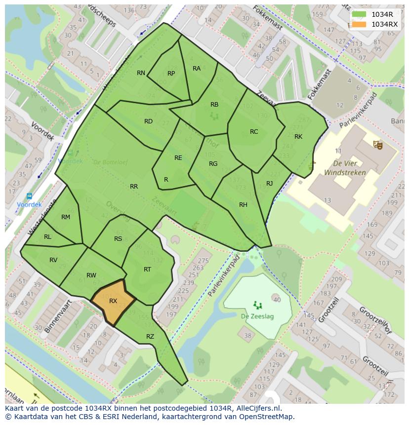 Afbeelding van het postcodegebied 1034 RX op de kaart.