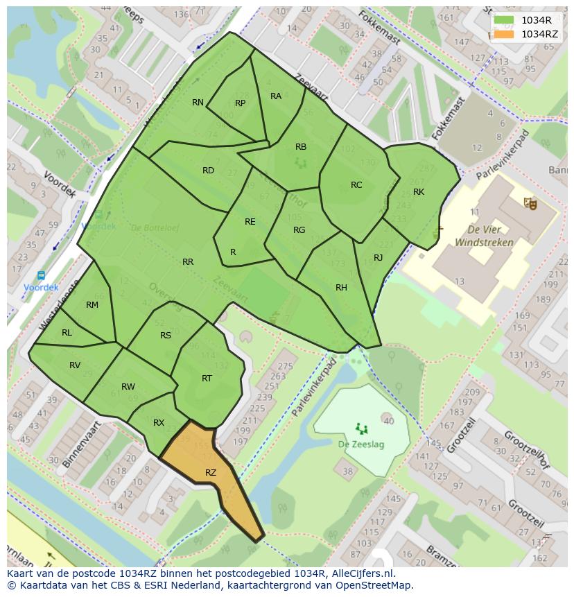 Afbeelding van het postcodegebied 1034 RZ op de kaart.