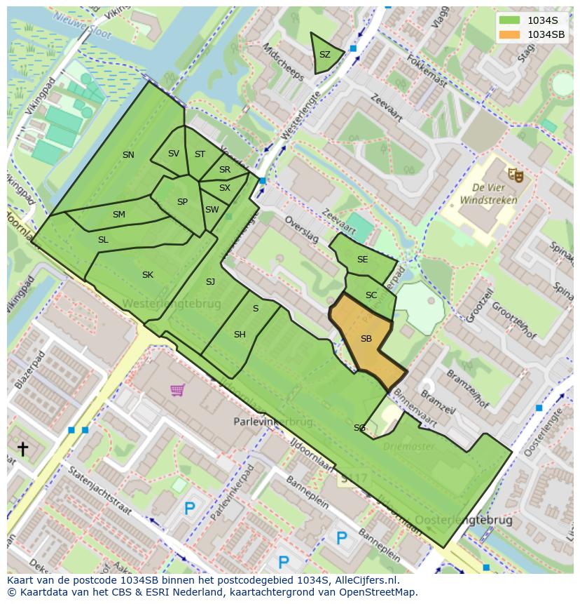 Afbeelding van het postcodegebied 1034 SB op de kaart.