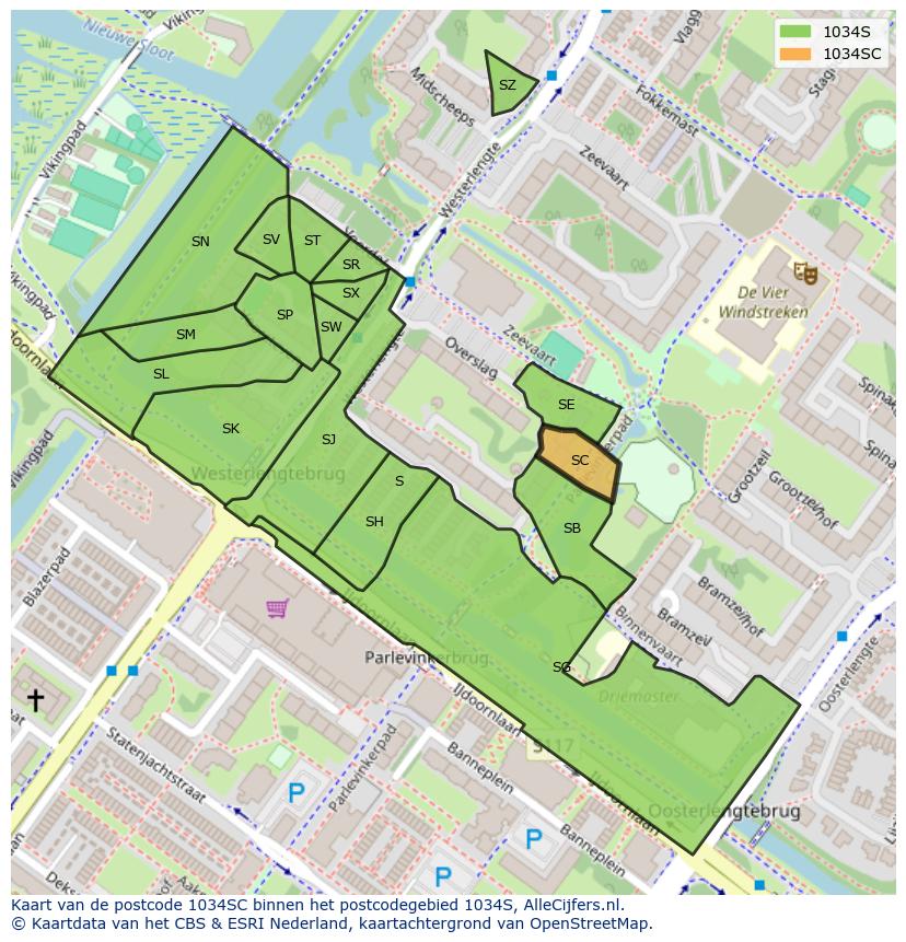 Afbeelding van het postcodegebied 1034 SC op de kaart.