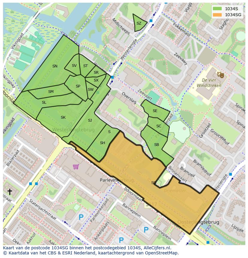 Afbeelding van het postcodegebied 1034 SG op de kaart.