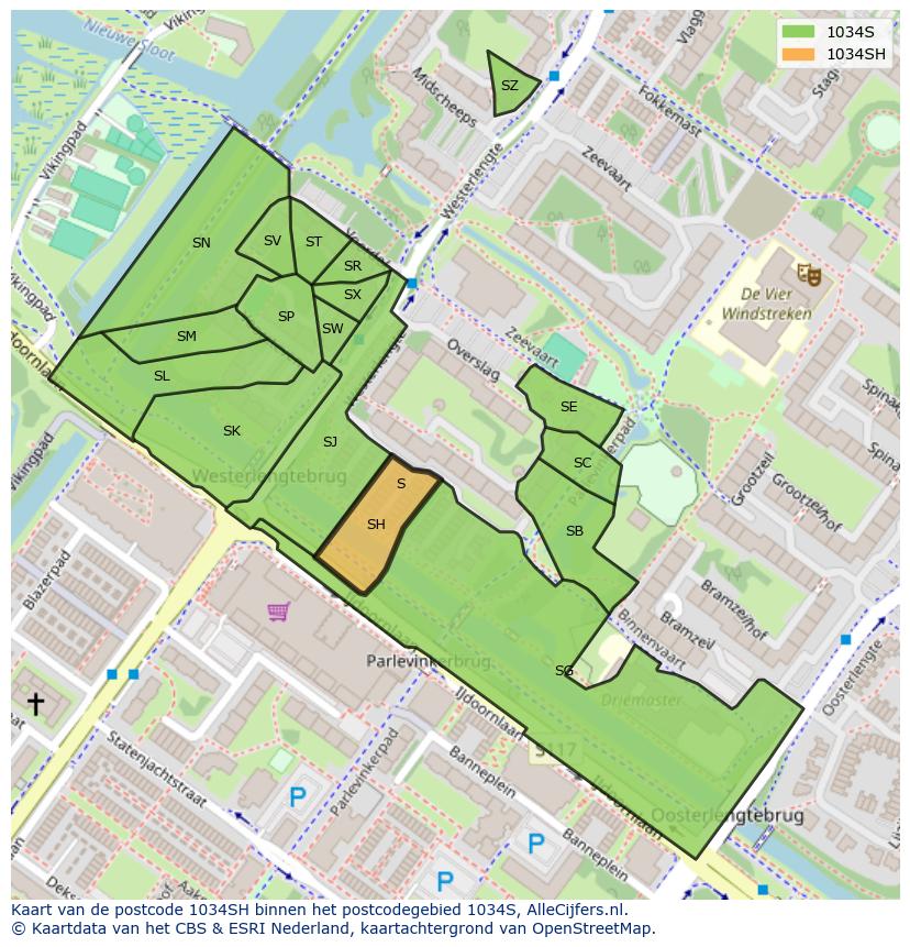 Afbeelding van het postcodegebied 1034 SH op de kaart.