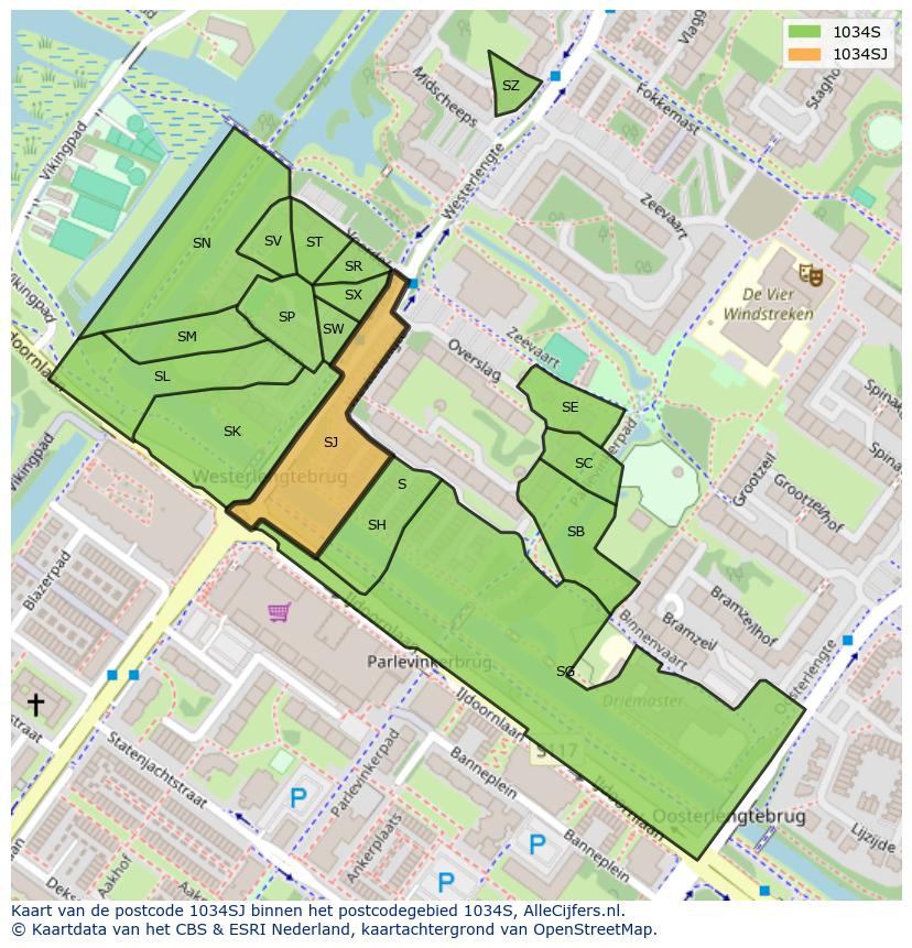 Afbeelding van het postcodegebied 1034 SJ op de kaart.