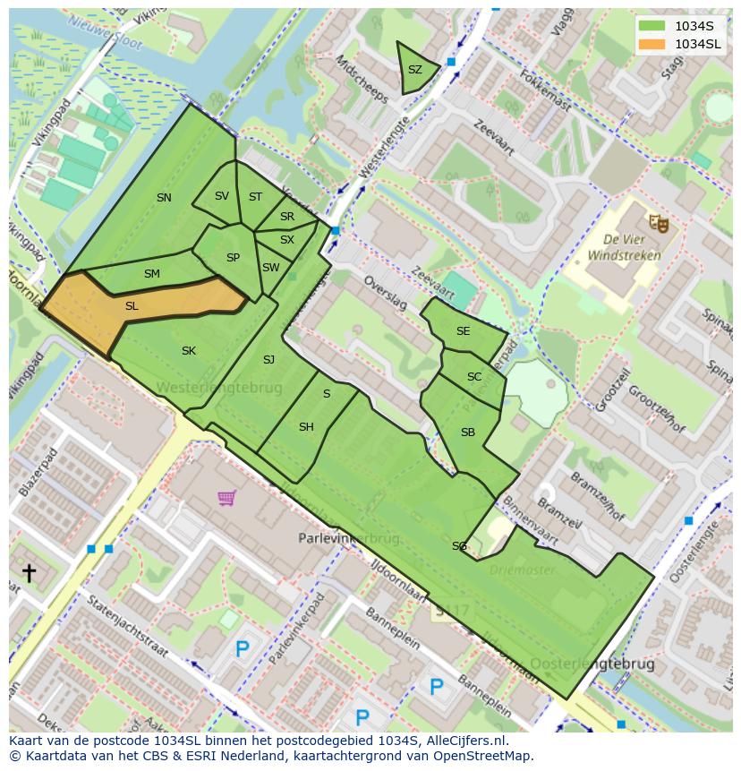Afbeelding van het postcodegebied 1034 SL op de kaart.