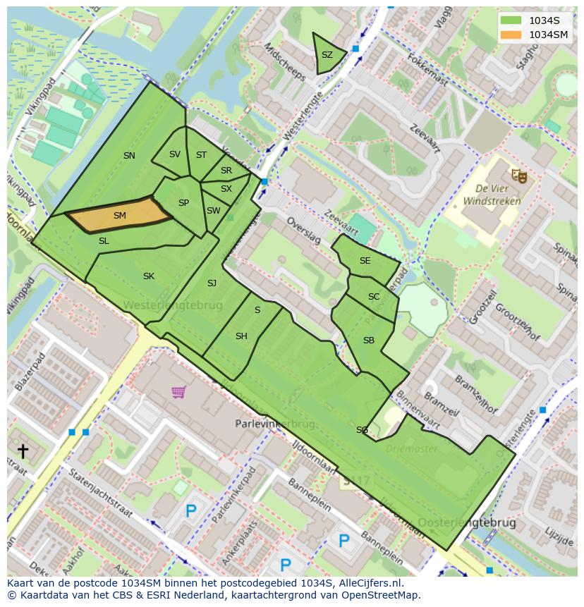 Afbeelding van het postcodegebied 1034 SM op de kaart.