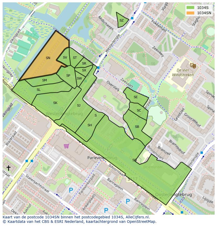 Afbeelding van het postcodegebied 1034 SN op de kaart.