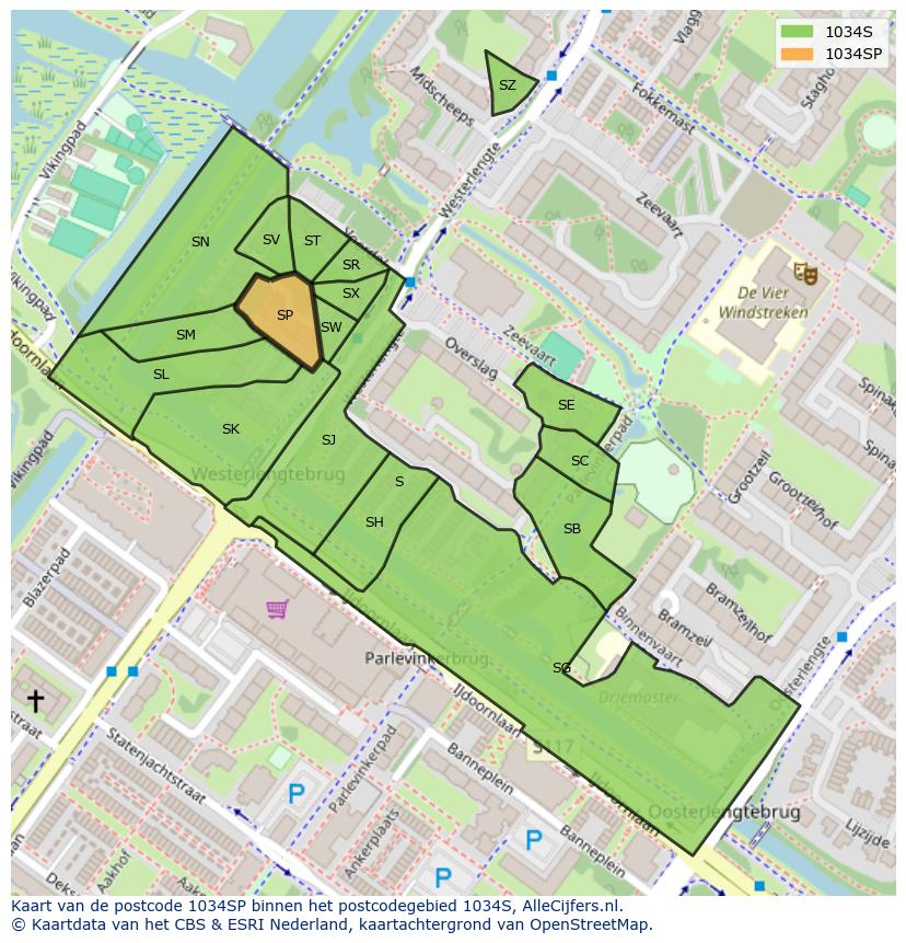 Afbeelding van het postcodegebied 1034 SP op de kaart.