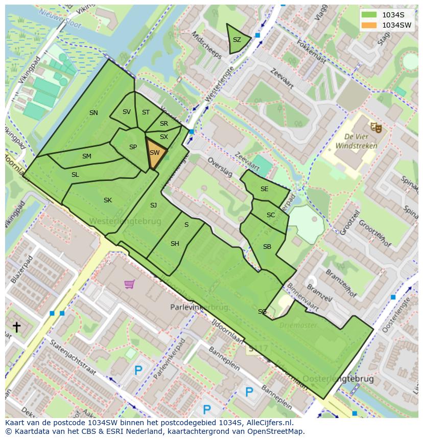 Afbeelding van het postcodegebied 1034 SW op de kaart.