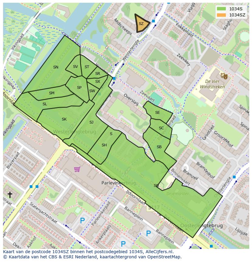 Afbeelding van het postcodegebied 1034 SZ op de kaart.