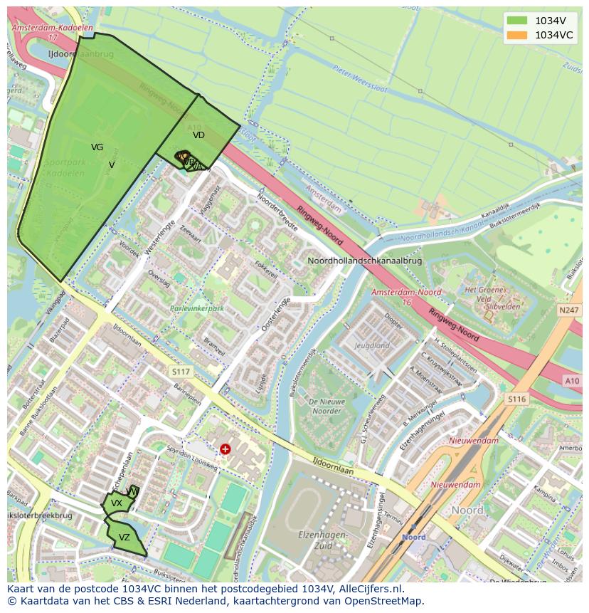 Afbeelding van het postcodegebied 1034 VC op de kaart.