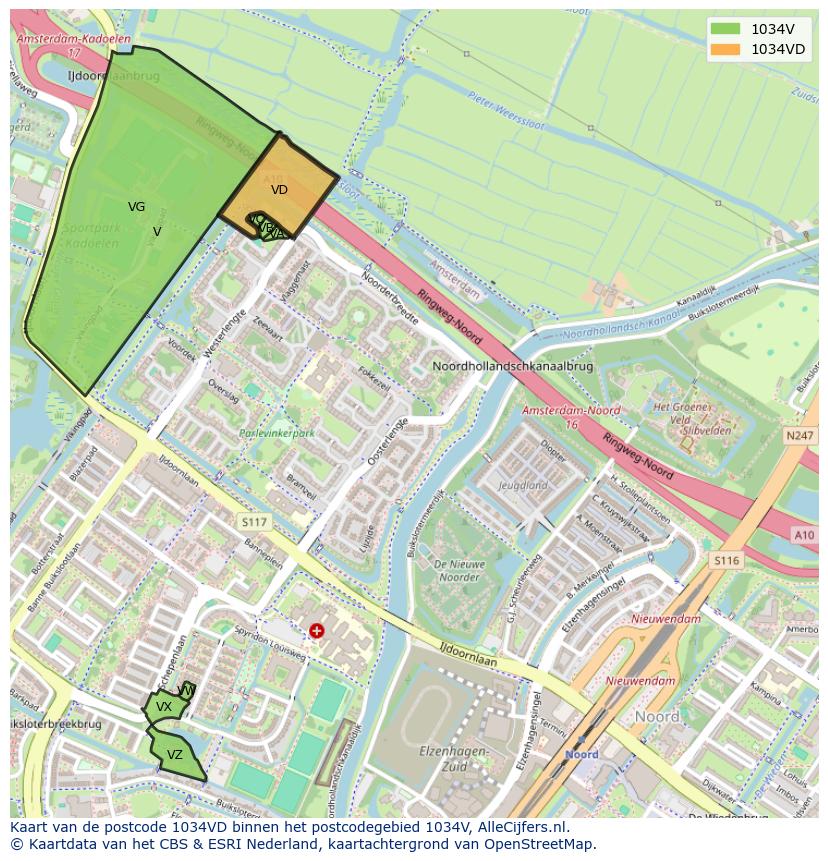 Afbeelding van het postcodegebied 1034 VD op de kaart.