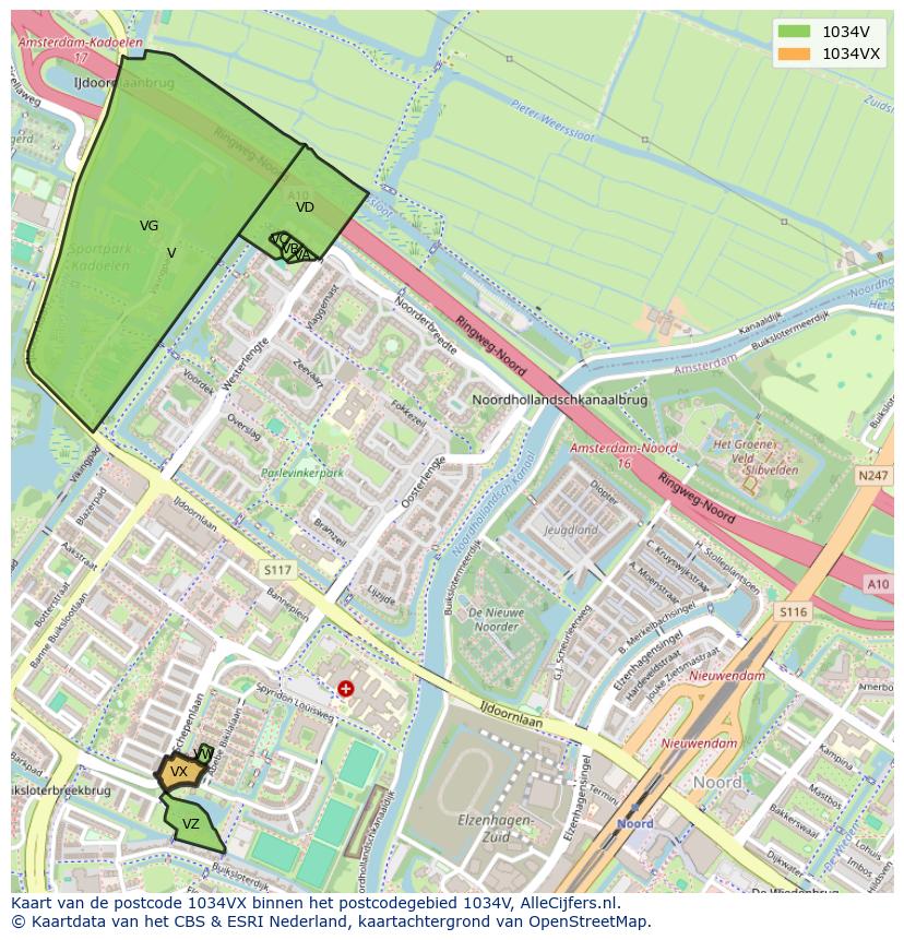Afbeelding van het postcodegebied 1034 VX op de kaart.