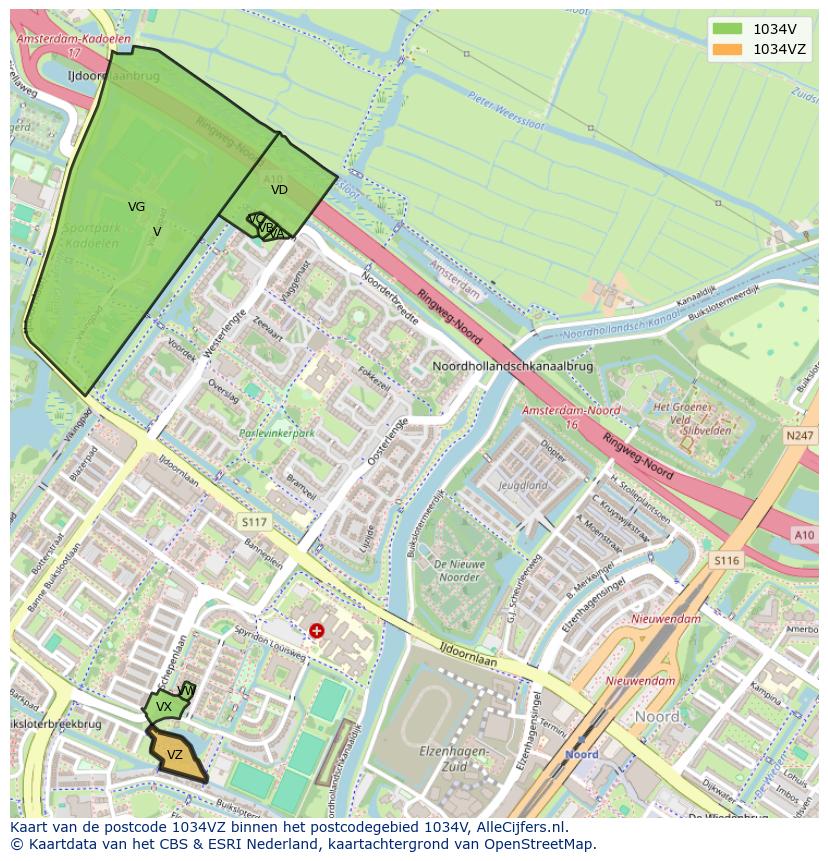 Afbeelding van het postcodegebied 1034 VZ op de kaart.