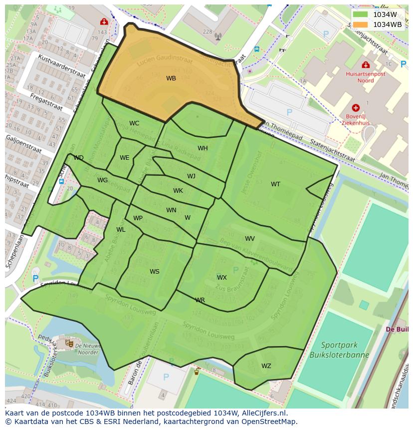 Afbeelding van het postcodegebied 1034 WB op de kaart.