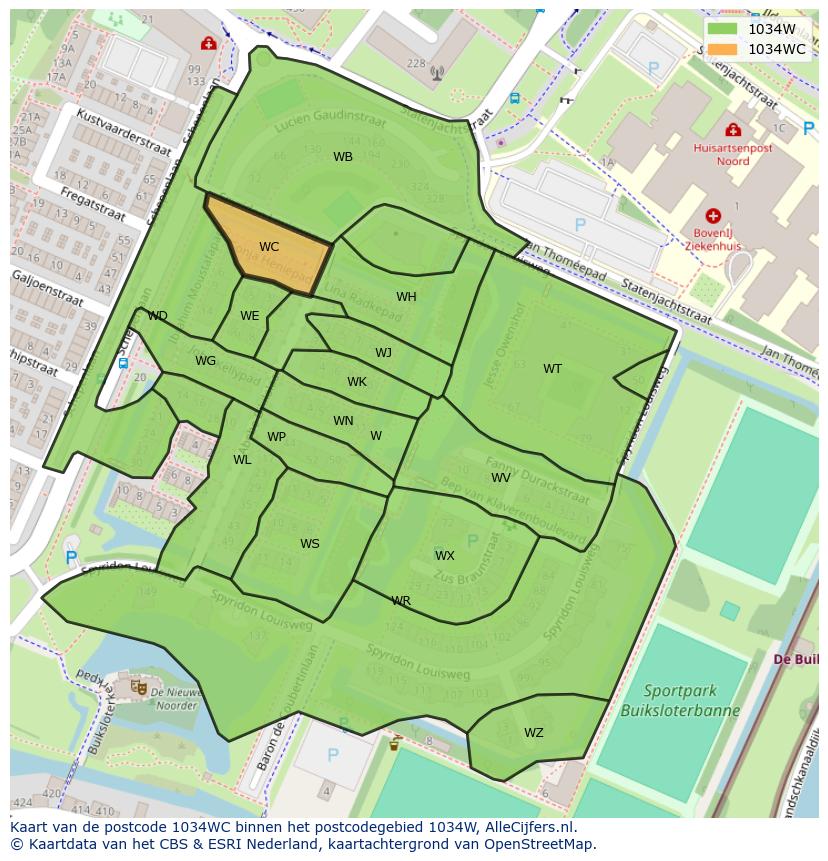 Afbeelding van het postcodegebied 1034 WC op de kaart.