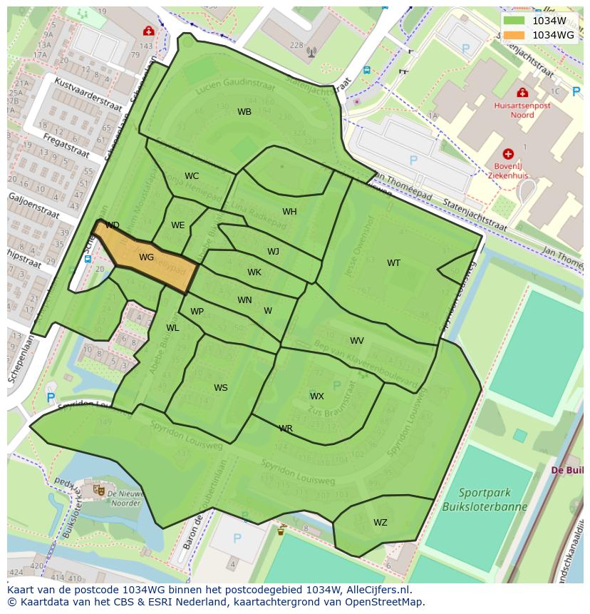 Afbeelding van het postcodegebied 1034 WG op de kaart.