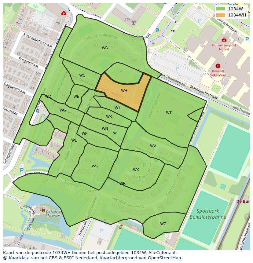 Afbeelding van het postcodegebied 1034 WH op de kaart.