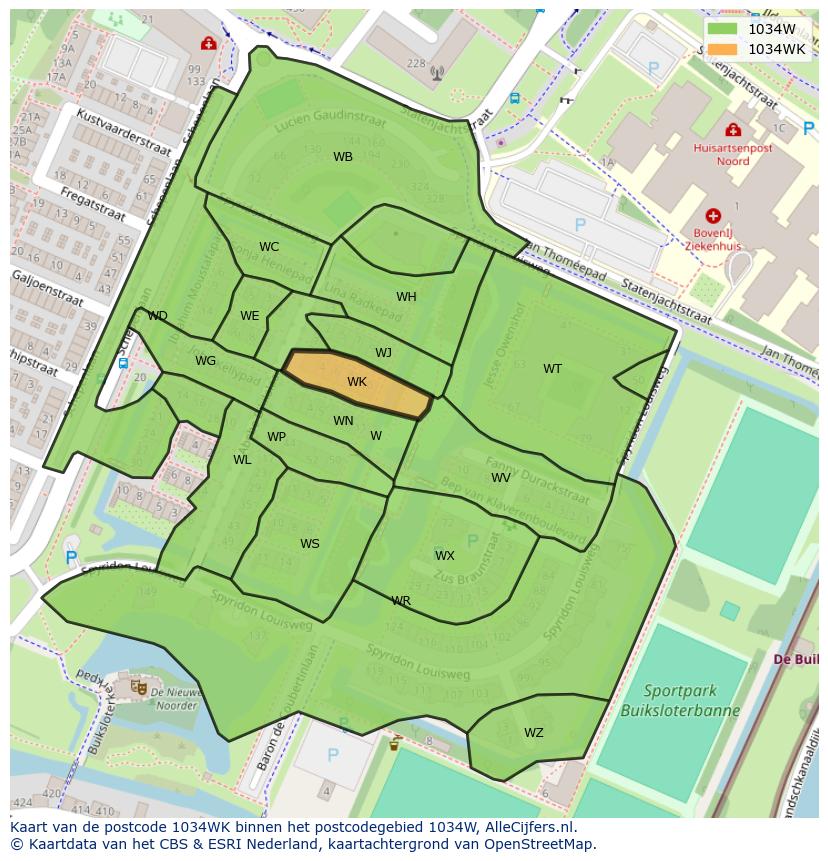 Afbeelding van het postcodegebied 1034 WK op de kaart.