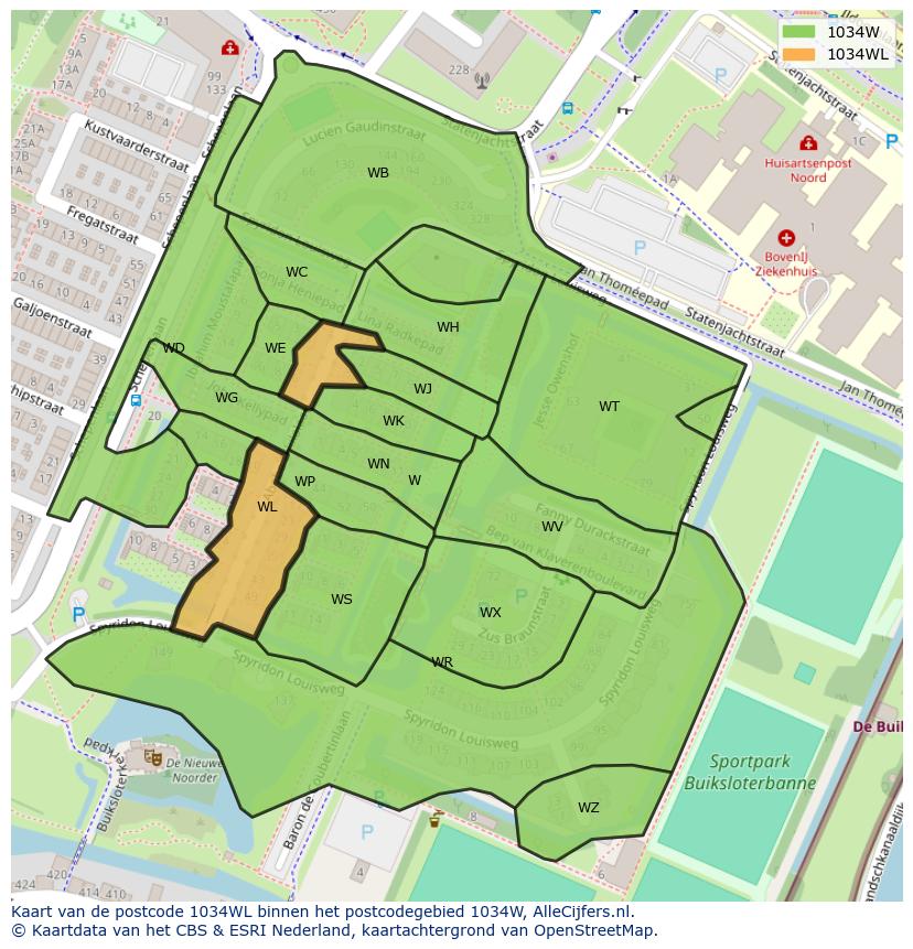 Afbeelding van het postcodegebied 1034 WL op de kaart.