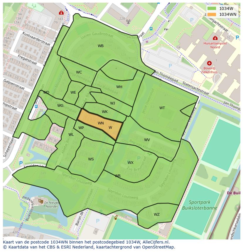 Afbeelding van het postcodegebied 1034 WN op de kaart.