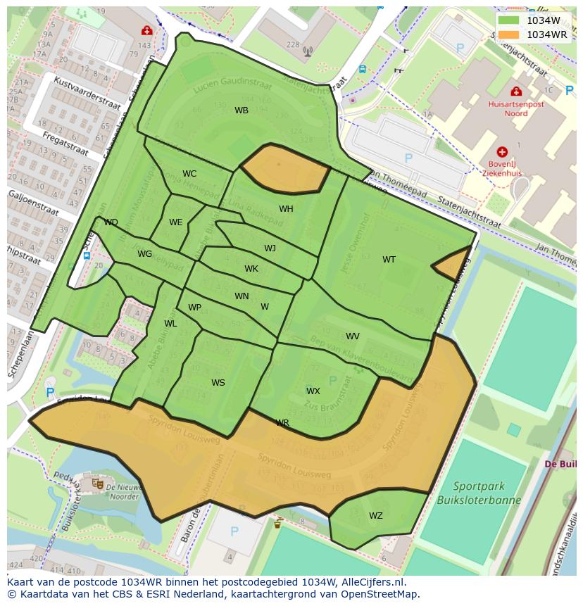 Afbeelding van het postcodegebied 1034 WR op de kaart.