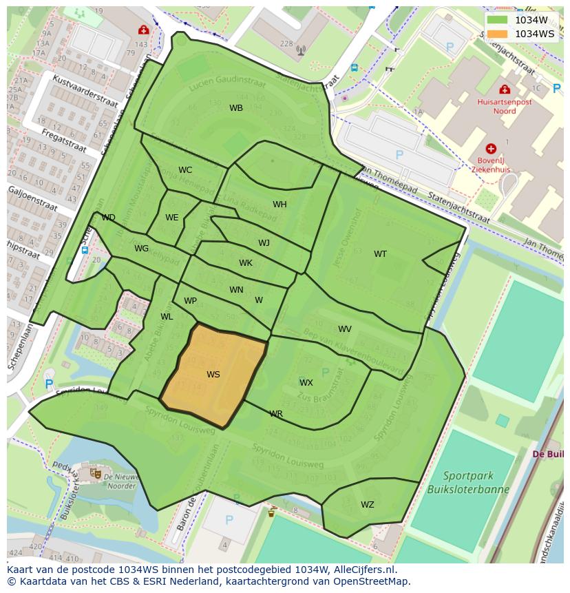 Afbeelding van het postcodegebied 1034 WS op de kaart.