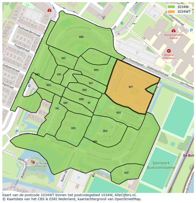 Afbeelding van het postcodegebied 1034 WT op de kaart.