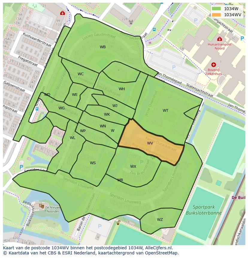 Afbeelding van het postcodegebied 1034 WV op de kaart.