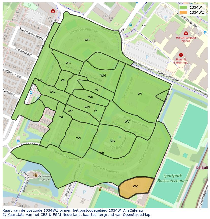 Afbeelding van het postcodegebied 1034 WZ op de kaart.