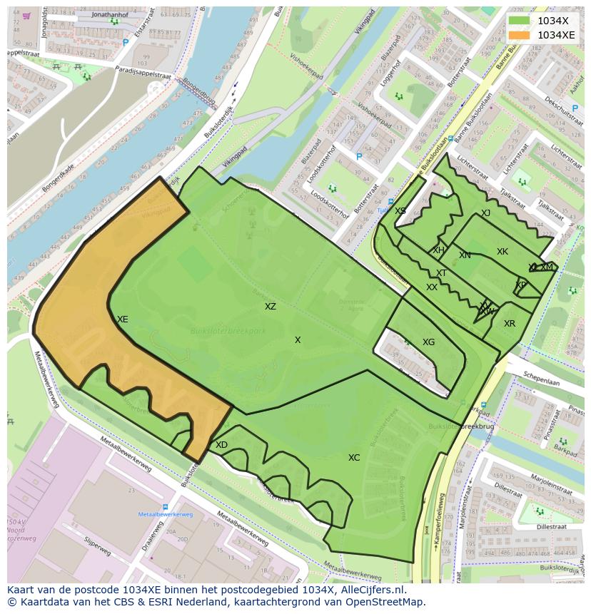 Afbeelding van het postcodegebied 1034 XE op de kaart.
