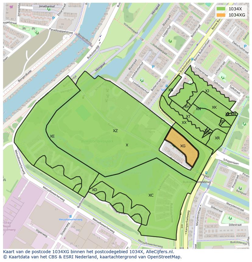 Afbeelding van het postcodegebied 1034 XG op de kaart.