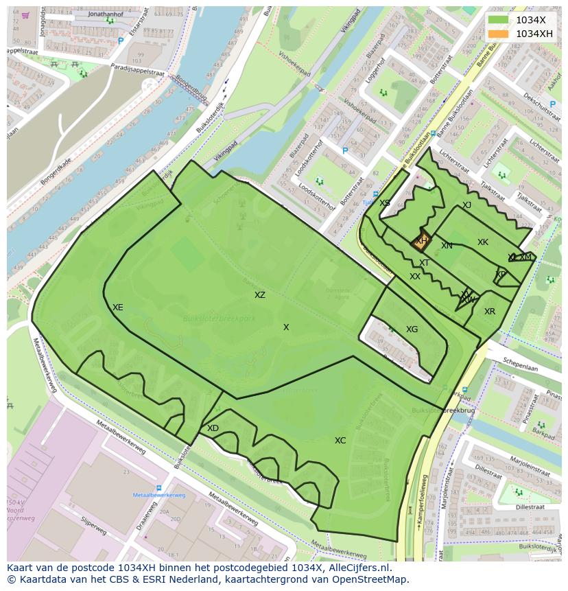Afbeelding van het postcodegebied 1034 XH op de kaart.