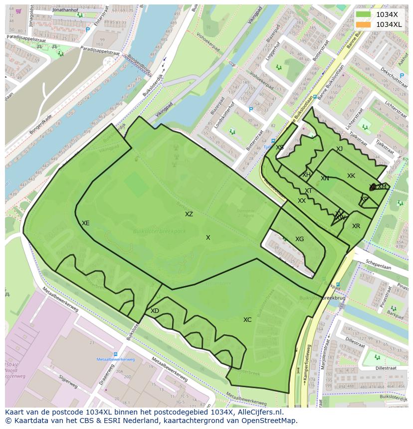Afbeelding van het postcodegebied 1034 XL op de kaart.