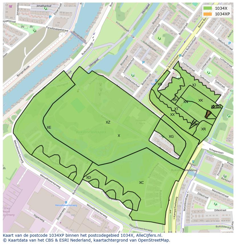 Afbeelding van het postcodegebied 1034 XP op de kaart.