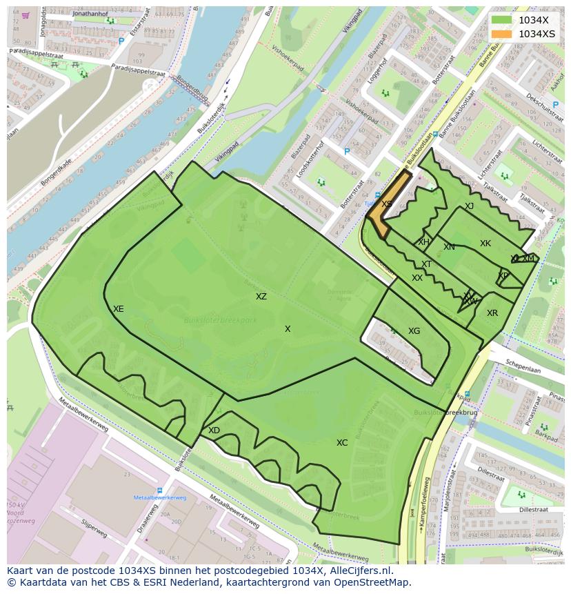 Afbeelding van het postcodegebied 1034 XS op de kaart.