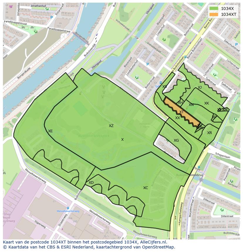 Afbeelding van het postcodegebied 1034 XT op de kaart.