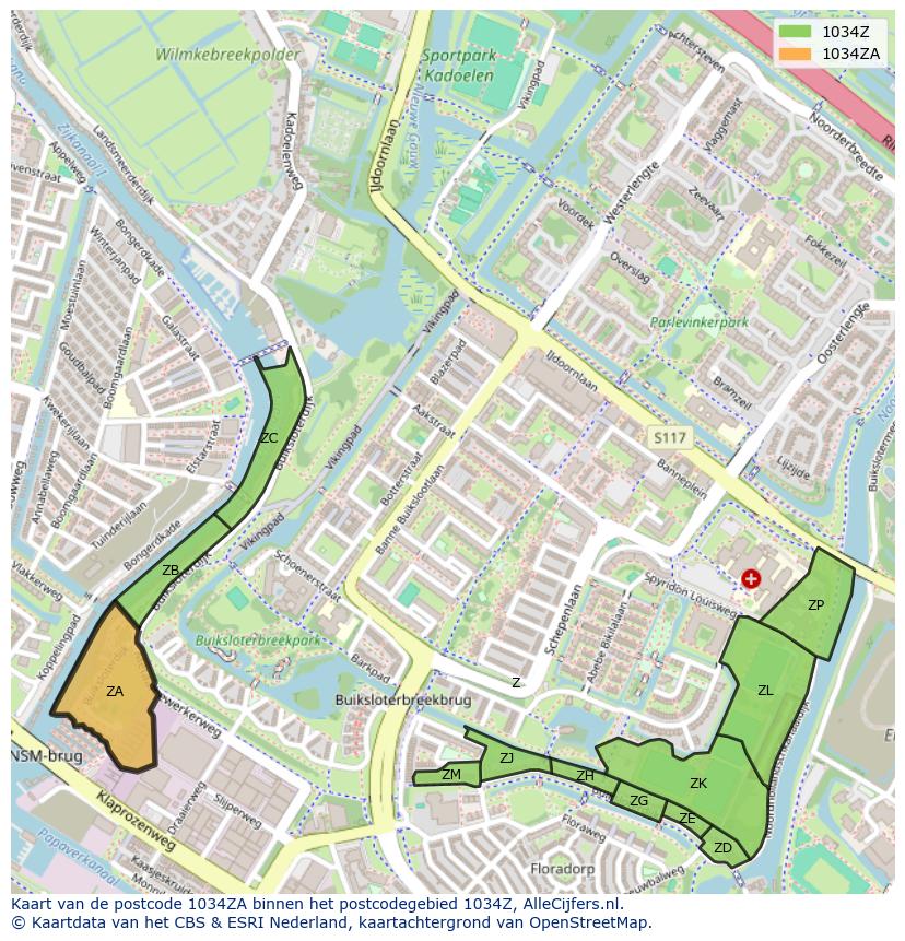 Afbeelding van het postcodegebied 1034 ZA op de kaart.