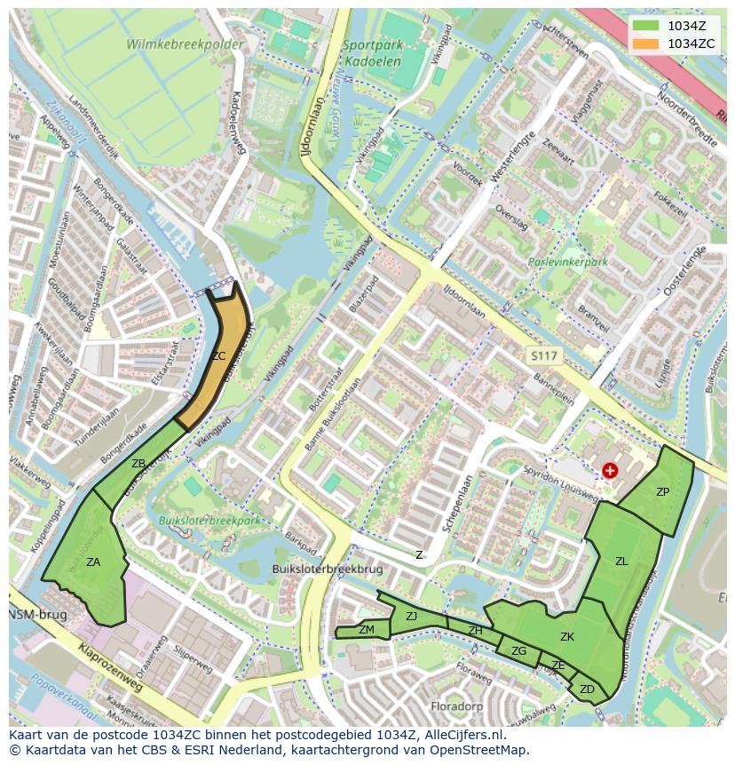 Afbeelding van het postcodegebied 1034 ZC op de kaart.