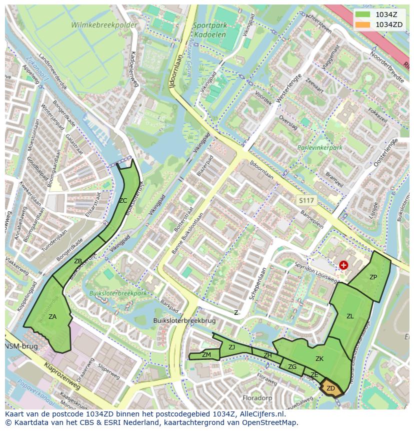 Afbeelding van het postcodegebied 1034 ZD op de kaart.