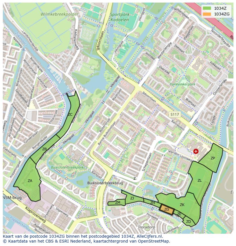 Afbeelding van het postcodegebied 1034 ZG op de kaart.