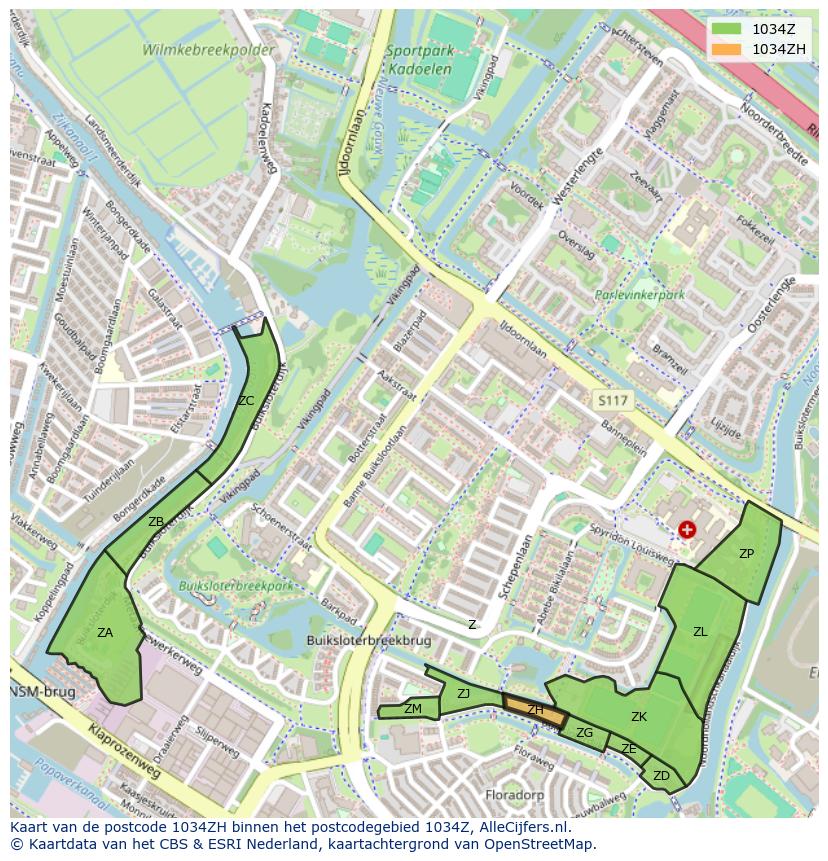 Afbeelding van het postcodegebied 1034 ZH op de kaart.