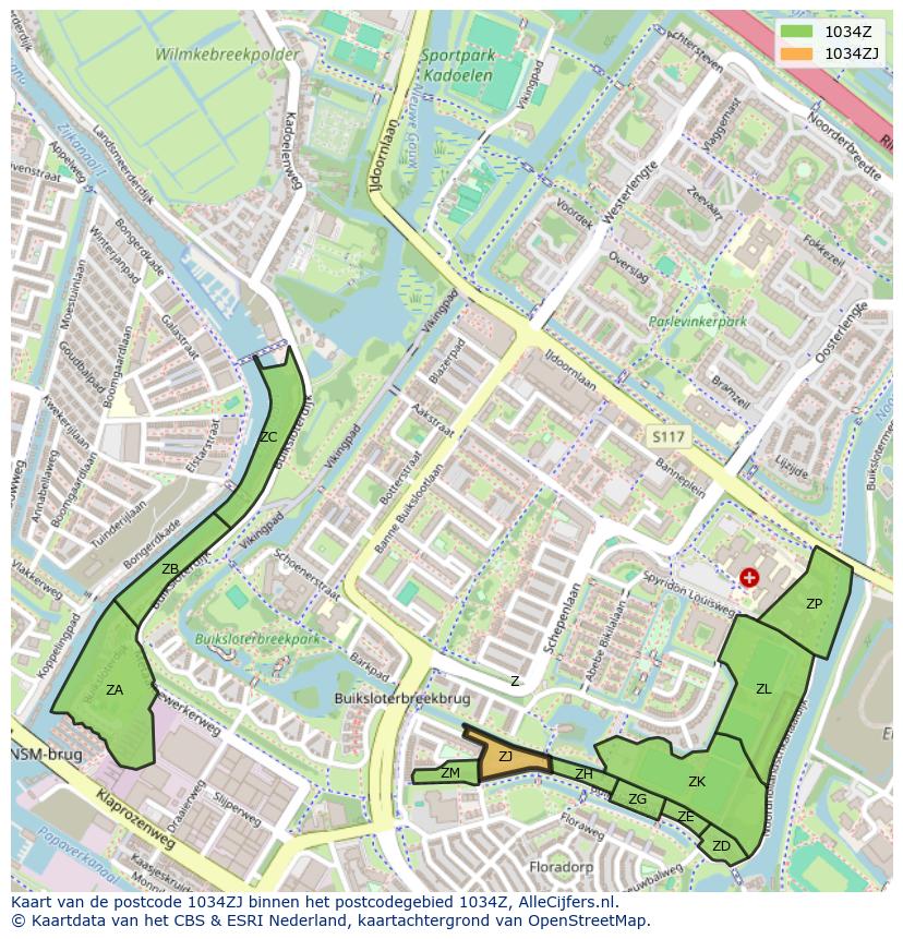 Afbeelding van het postcodegebied 1034 ZJ op de kaart.