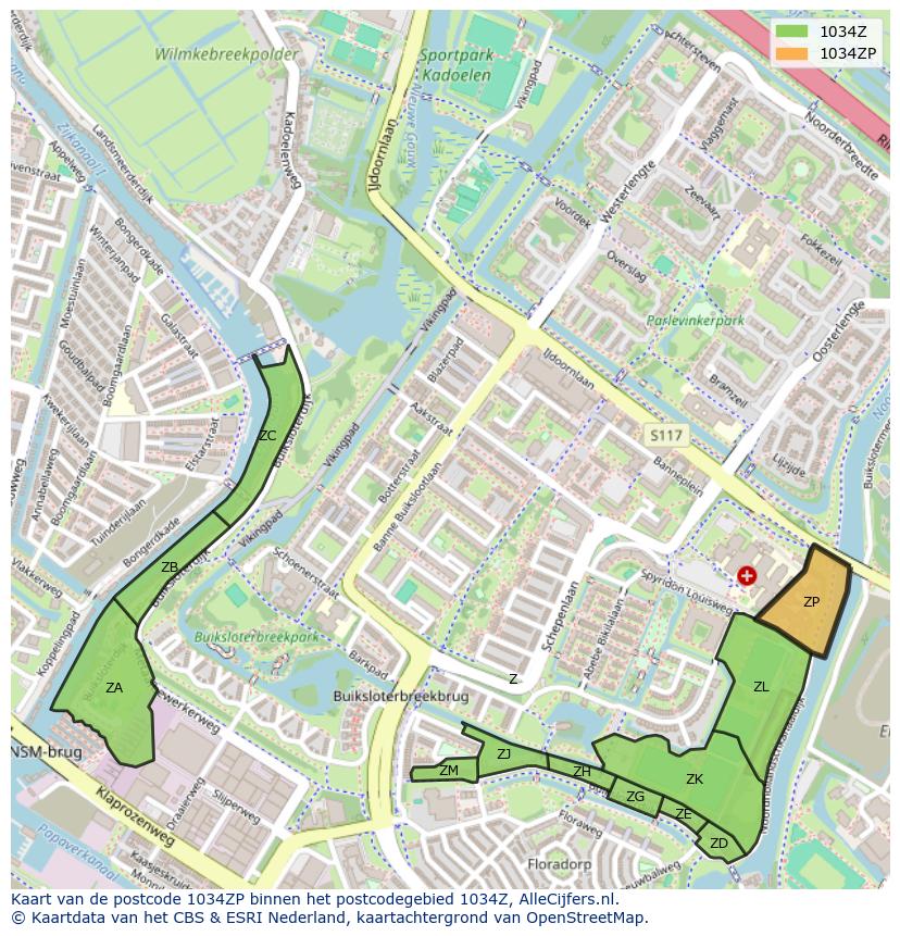 Afbeelding van het postcodegebied 1034 ZP op de kaart.