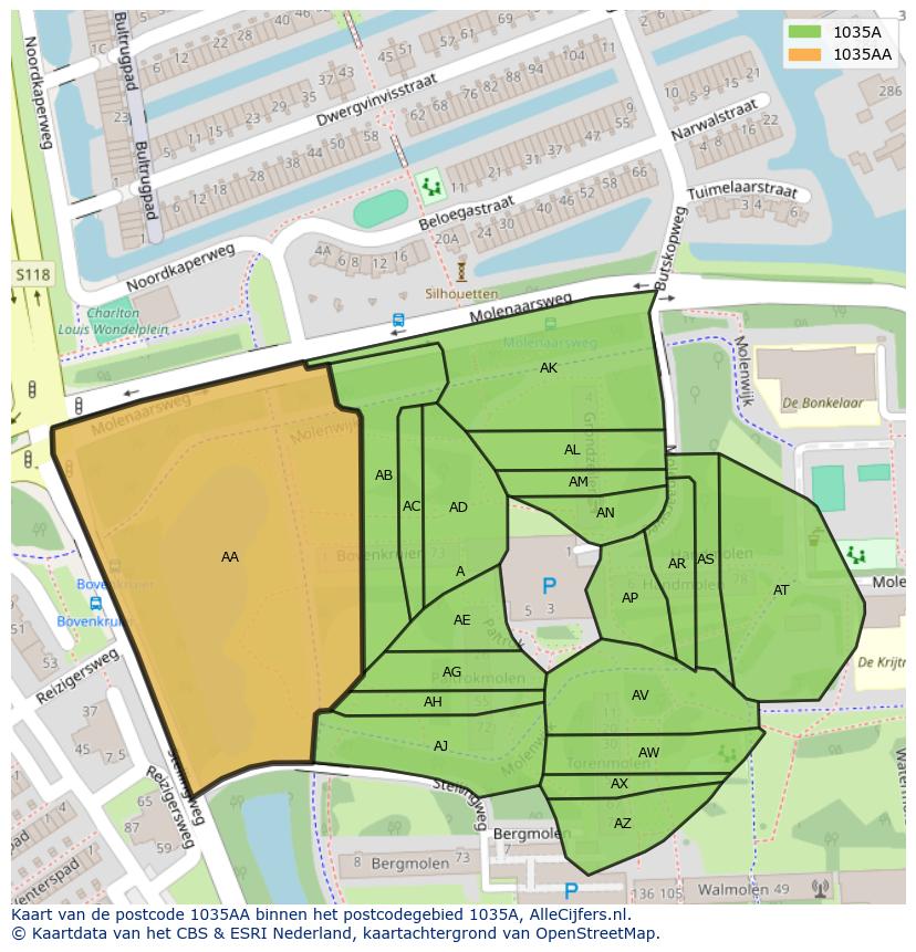 Afbeelding van het postcodegebied 1035 AA op de kaart.