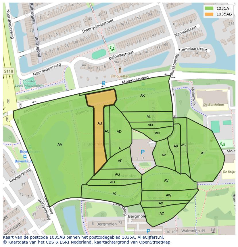 Afbeelding van het postcodegebied 1035 AB op de kaart.