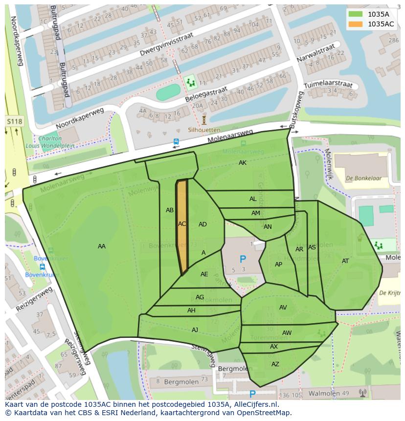 Afbeelding van het postcodegebied 1035 AC op de kaart.